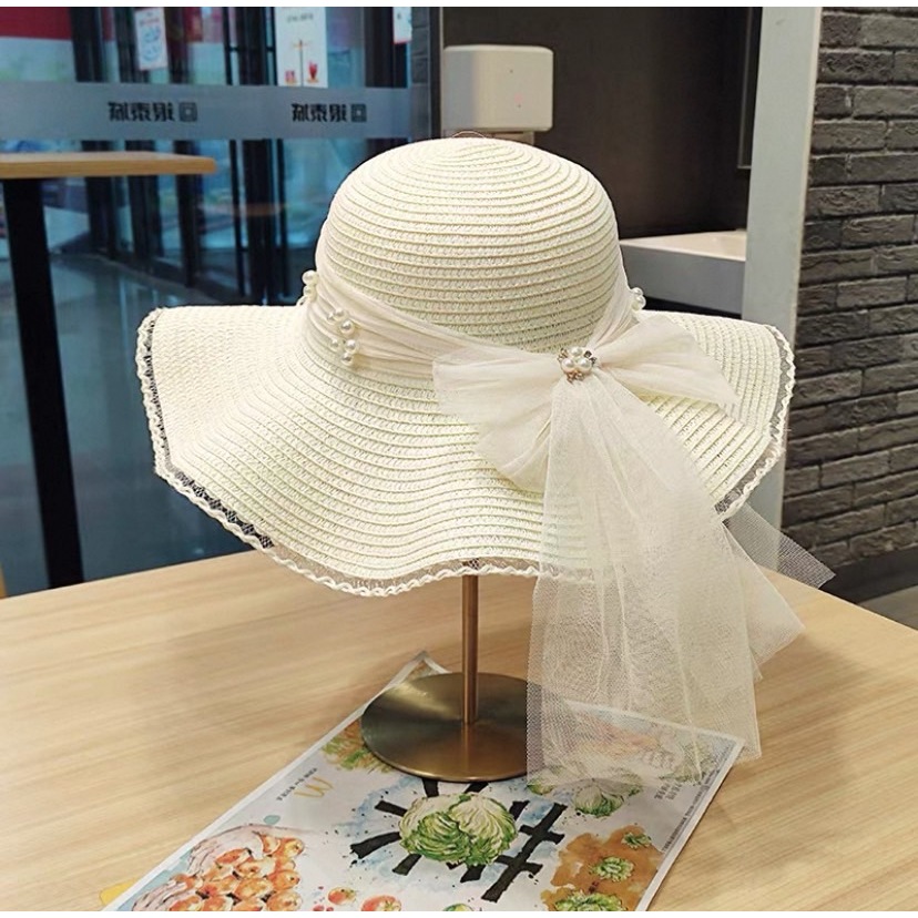 221หมวกปีกกว้างหมวกสาน  หมวกบัคเก็ตกันแดด โบว์ติดมุก  แฟชั่นสำหรับผู้หญิง - รูปที่ 5