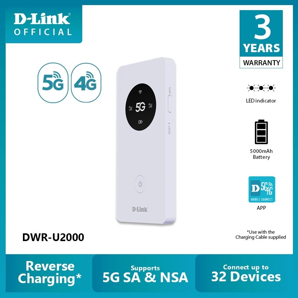D-LINK 5G Pocket WiFi Dual Band 2.4GHz + 5G แบบพกพา รองรับ Sim ไทยได้ทุกค่าย รุ่นDWR-U2000 (ของแท้ปร