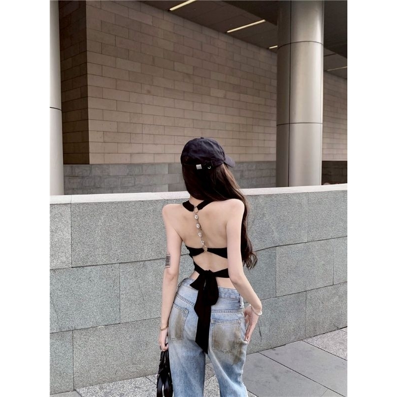 Vogue🌟พร้อมส่ง🌟 เสื้อคล้องคอ เว้าหลัง สีพื้น มีฟองน้ำแต่งโซ่ ยืดพอดี (FY2636#1) - รูปที่ 6