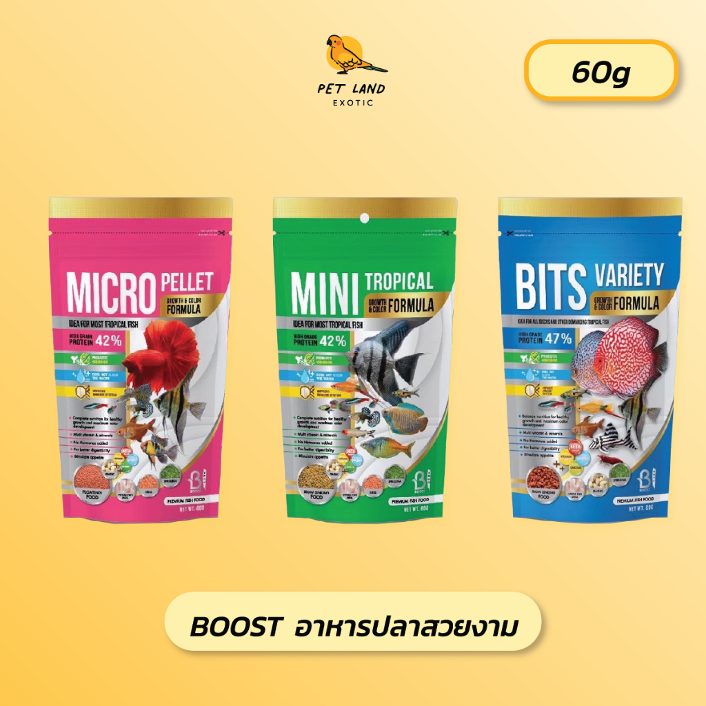 BOOST MICRO/MINI/BITS อาหารปลาสวยงาม มีทั้งหมด 3 สูตร ยกถุง 60 g
