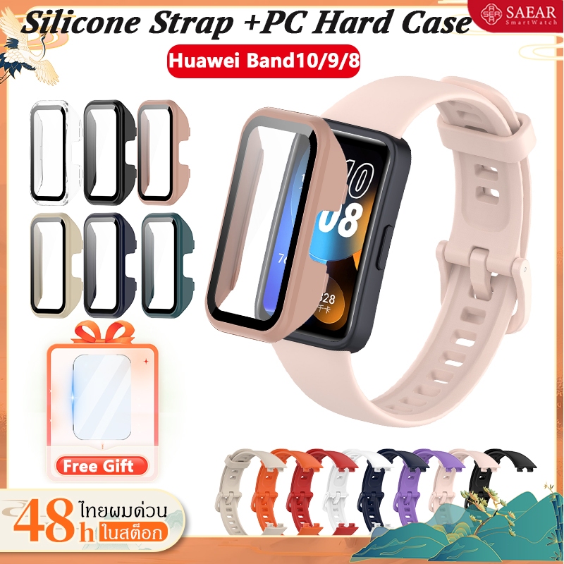 3PCS เคส + สร้อยข้อมือ Huawei Band 10 สาย, สายรัดข้อมือซิลิโคน Huawei Bnad 8 9 สายคล้องคอ Hardshell กรณีป้องกันสร้อยข้อม