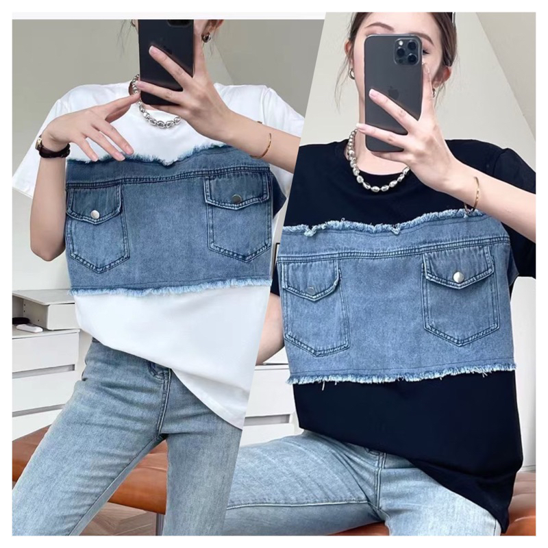 เสื้อยืดคอกลม ผ้าคอตตอนแต่งผ้ายีนส์ งานทูโทน สวยเก๋