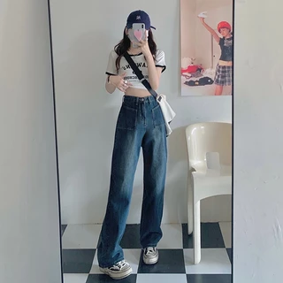 (1722)NEWSIZE/S-12XLกางเกงยีนส์ขายาวเอวสูงทรงกระบอกคลาสสิกดีไซน์เก๋ๆแต่งด้วยกระเป๋าหน้าสองข้างใส่ได้ทั้งหญิงและชาย