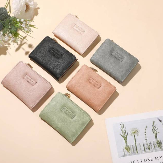 กระเป๋าสตางค์ ใบสั้น หนัง PU สีพื้น พับได้ สไตล์เกาหลีย้อนยุค สําหรับผู้หญิง   1141