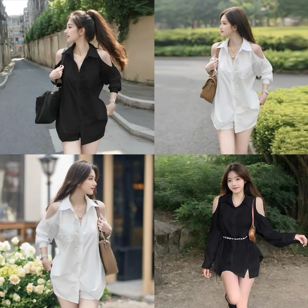 พร้อมส่ง ชุดเซตสั้นผ้าครัช เสื้อแขนยาวเว้าไหล่กระดุมหน้า+กางเกงมีซับใน ใส่สบาย  A3212