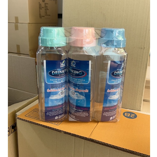 ขวดน้ำ PET แพ็ค3ใบ ฝาหลากสีพลาสเทล ทรงเหลี่ยม Drinking Bottle BPA Free