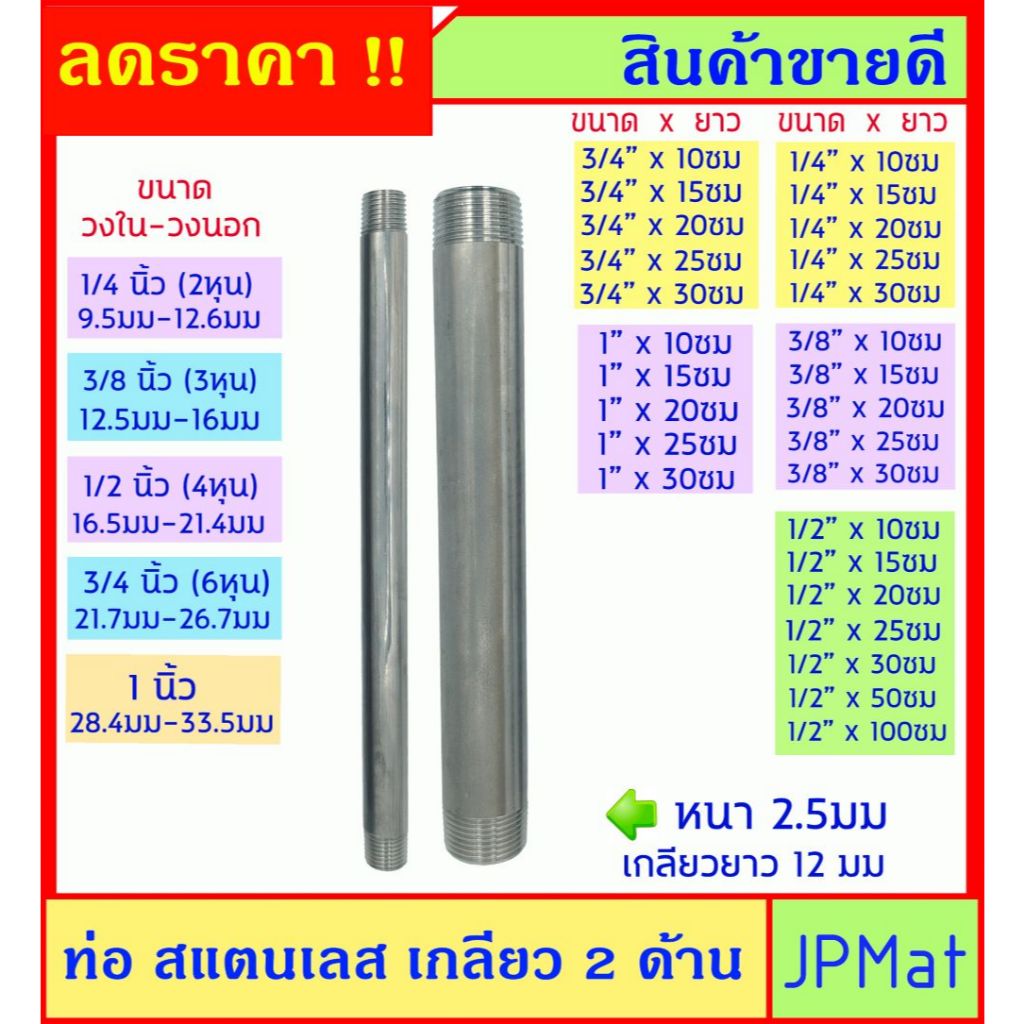 ท่อ สแตนเลส Stainless 304 ต๊าปเกลียว 2 ด้าน ท่อหนา 2.5มม มีขนาด 1/4 นิ้ว-3/8 นิ้ว-1/2 นิ้ว-3/4 นิ้ว-1 นิ้ว