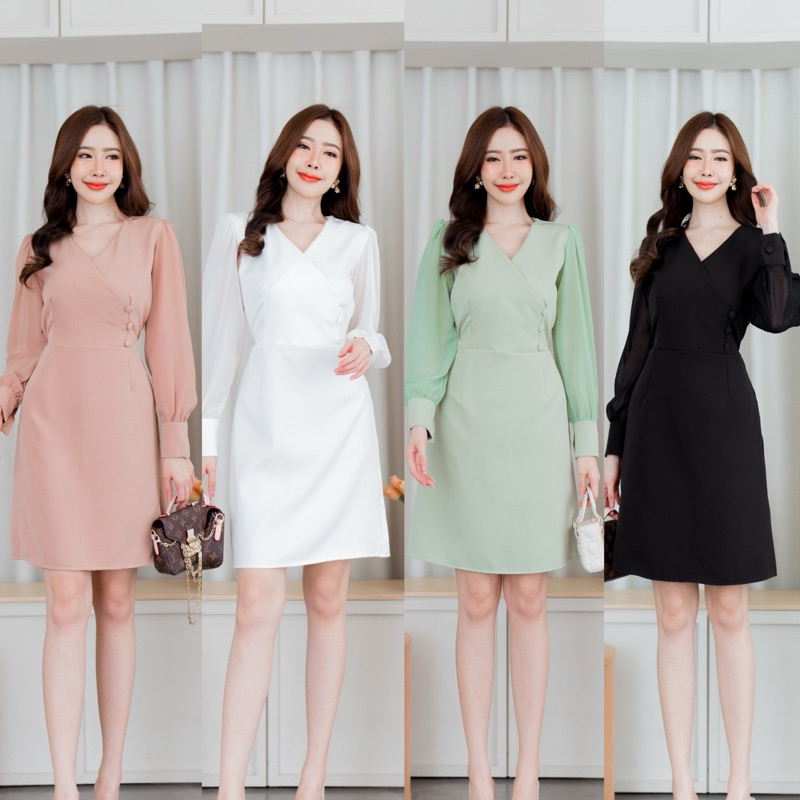 Maria dress  เดรสไขว้หน้าแขนชีฟองแต่งกระดุม ป้าย VERA