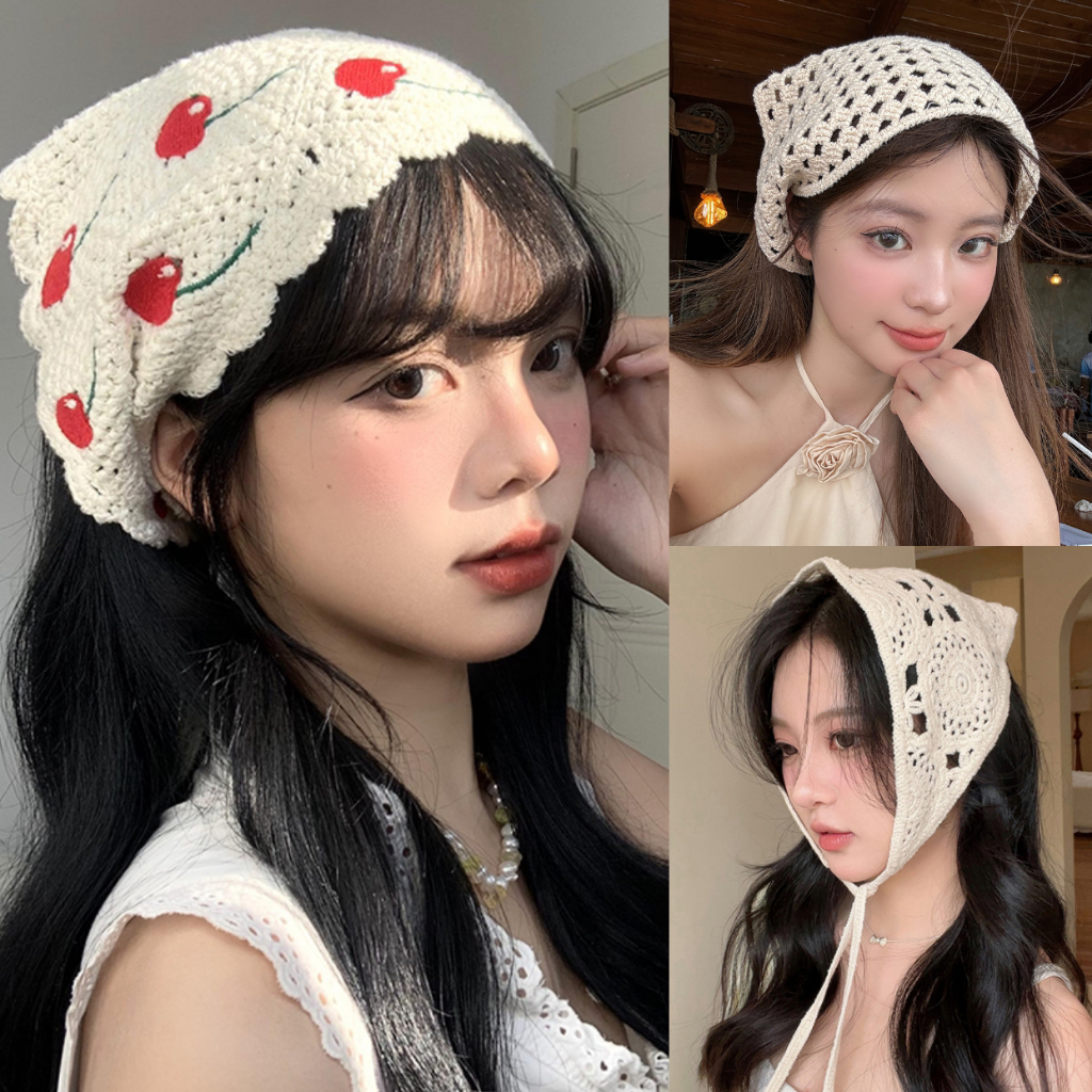 ที่คาดผม ผ้าโพกผมสามเหลี่ยม ที่คาดผมถัก💫 สไตล์เรโทร แฟชั่น ลายเชอร์รี่🍒