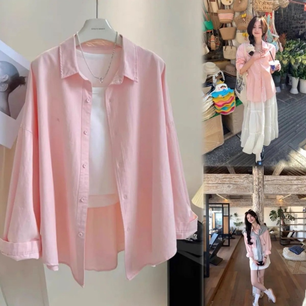 เสื้อคลุมแขนยาว เสื้อเชิ้ตผู้หญิง คอปก สีพื้น ทรงหลวมแบบเรียบๆ