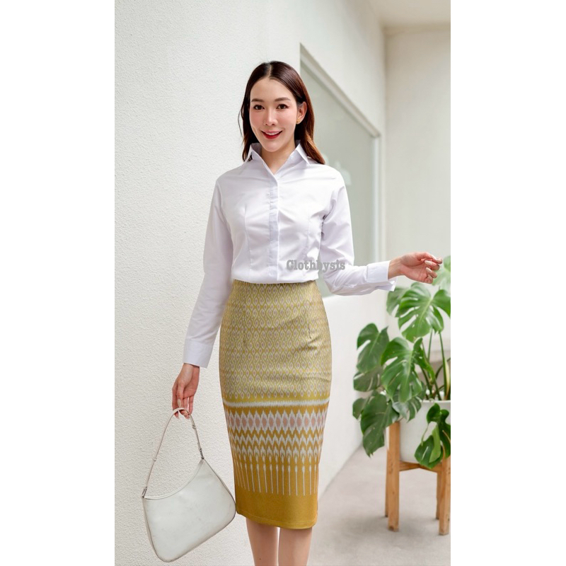 👗กระโปรงทำงาน ลายไทย เอวสูง ผ้าญี่ปุ่นหนานุ่มยืดใส่สบาย ทรงสวย ยาว 26 นิ้ว