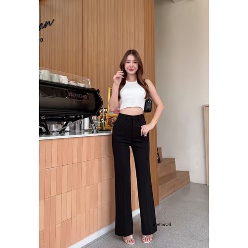 B0031 Beer&Oil กางเกงขายาวเอวสูงขาม้าผ้าโรเชฟตะขอหน้ามีกระเป๋าแปะด้านหน้าใช้งานได้จริงทั้ง2ข้าง