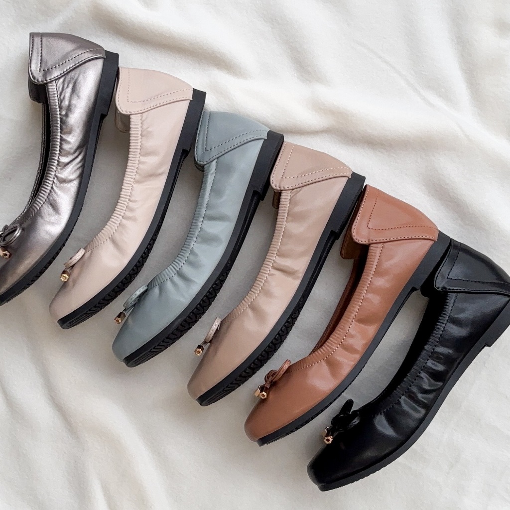 Glucoat | [181] รองเท้าคัตชู มีทั้งหมด 6 สี ดำ ตาล แอปริคอท ฟ้า ครีม เทา รองเท้าทรงบัลเล่ต์ โบว์เล็ก ๆ