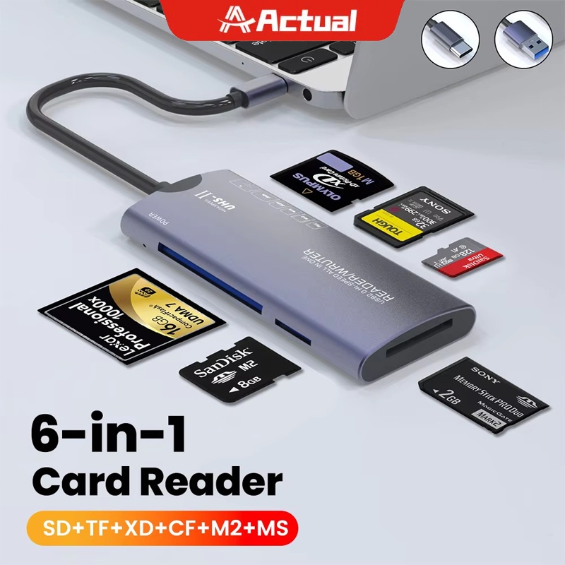 Actual Card reader 6 in 1 อินเทอร์เฟซ Type-c/USB เหมาะสําหรับทุกรุ่น รองรับ SD+TF+XD+CF+M2+MS