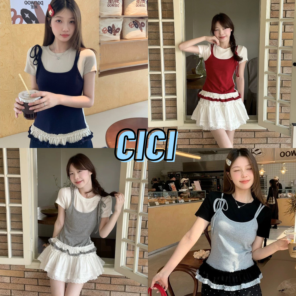 ส่งทันที Cici(NO. 1109) เสื้อตัวยาว ผ้าเรยอน ดีเทลเย็บติดกัน แต่งระบายด้านล่าง สไตล์สาวน่ารักCute