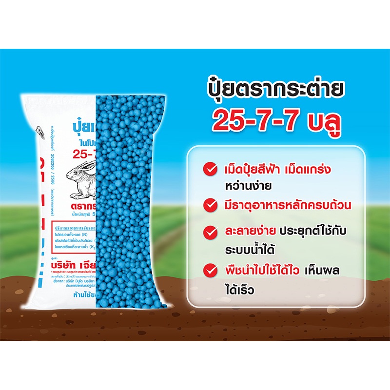ปุ๋ย 25-7-7 ตรา กระต่าย (เม็ดฟ้า) แบ่งบรรจุ 500กรัม 1000กรัม