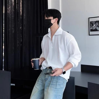 เสื้อผู้ชาย แขนยาว ผ้าลูกฟูก เสื้อโปโล กันหนาว ผ้าลูกฟูก แขนยาว ทรงหลวม สไตล์เกาหลี