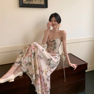 แม็กซี่เดรสสีชมพู ทรงเอ สายเดี่ยวปรับได้ ผ้าตาข่าย มีซับใน สม็อคใต้อก หลังยางยืด ลายกราฟฟิค #8108
