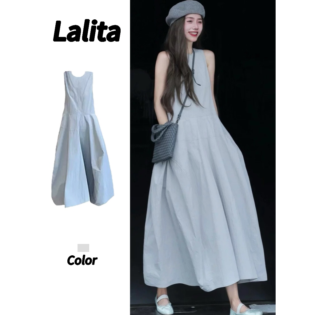 Lalita ดรสผู้หญิ ชุดเดรสยาว เดรสคอกลม เดรสแขนกุด ชุดเที่ยวทะเล เนื้อผ้าใส่สบาย เดรสทรงหลวม