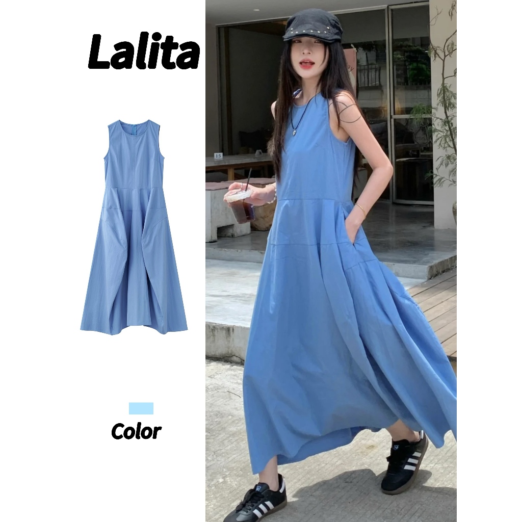 Lalita เดรสผู้หญิ  ชุดออกงาน  ชุดเดรสยาว  เดรสคอกลม ชุดเที่ยวทะเล เนื้อผ้าใส่สบาย  ผ้ามีซับในทั้ง