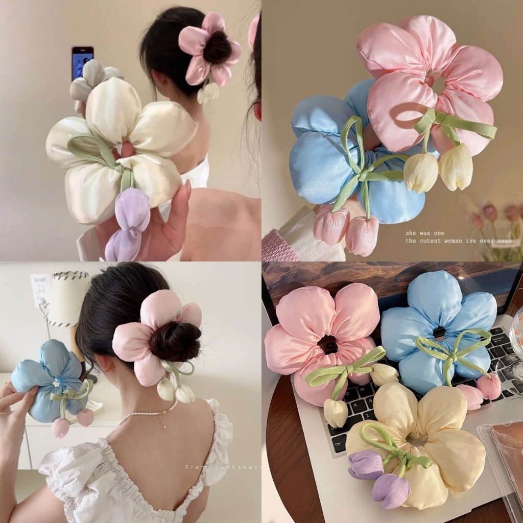Rubuyou ยางรัดผม3Dฟองน้ำดอกทิวลิปดอกไม้ใหญ่ริบบิ้นโบว์Insเกาหลีหวานความยืดหยุ่นสูงหางม้าแฟชั่นยางรัดผมสำหรับผู้หญิง-COD