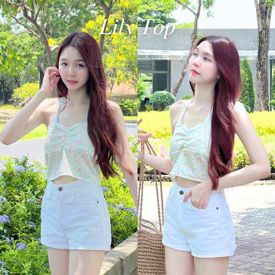 พร้อมส่ง🌸 𝑳𝒊𝒍𝒚 𝑻𝒐𝒑 เกาะอกแต่งสายเดี่ยว ลายน่ารักมากก จับจีบตรงอก ด้านหลังเป็นสม็อค ใส่เที่ยวทะเล คาเฟ่ได้เลยค่า