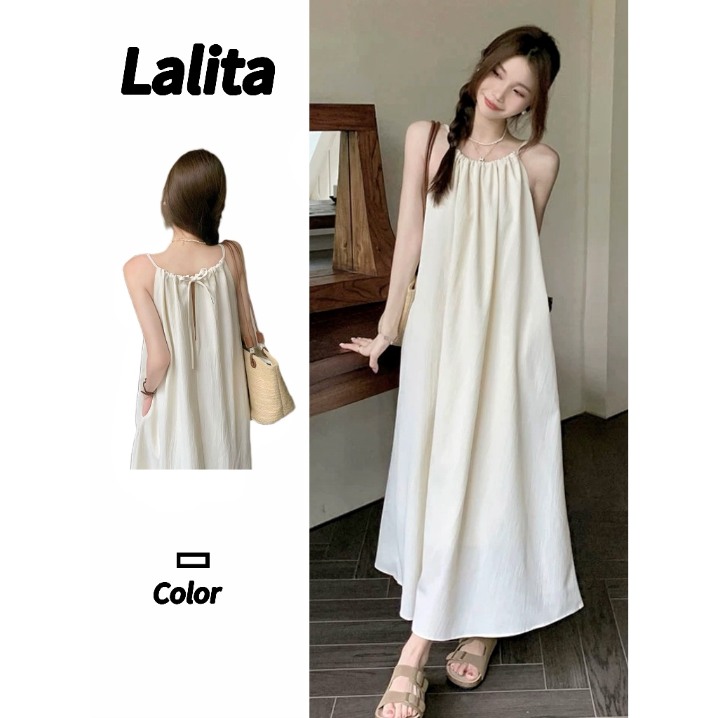 Lalita ✨พร้อมส่ง✨ชุดเดรสยาว เดรสแขนกุด เนื้อผ้าใส่สบาย ชุดเที่ยวทะเล เดรสทรงหลวม