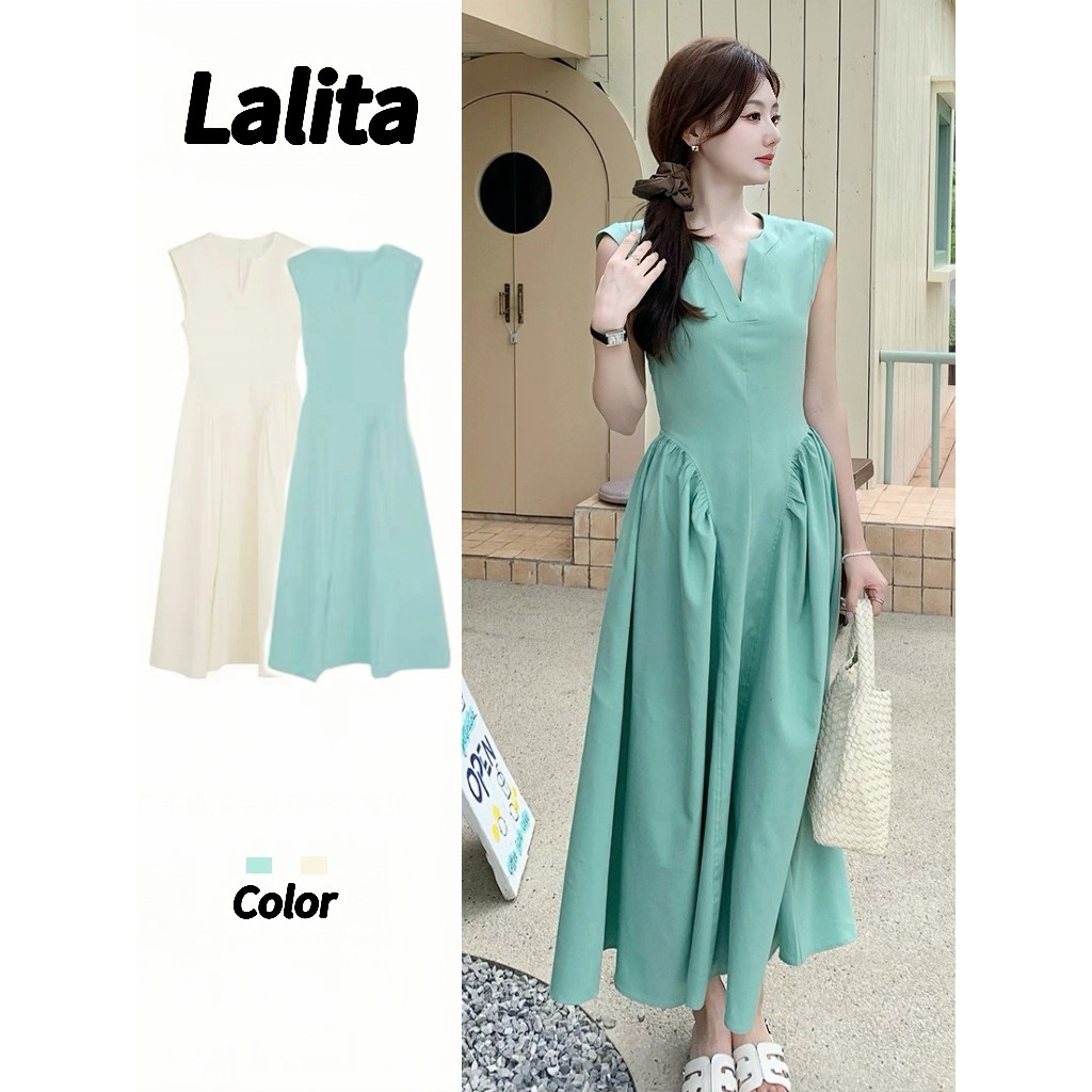 Lalita เดรสออกงาน🔥ชุดสวย แต่งจีบย่น สีพื้น เดรสแฟชั่น เดรสคอกลม เดรสแขนกุด ชุดเดรสผู้หญิง