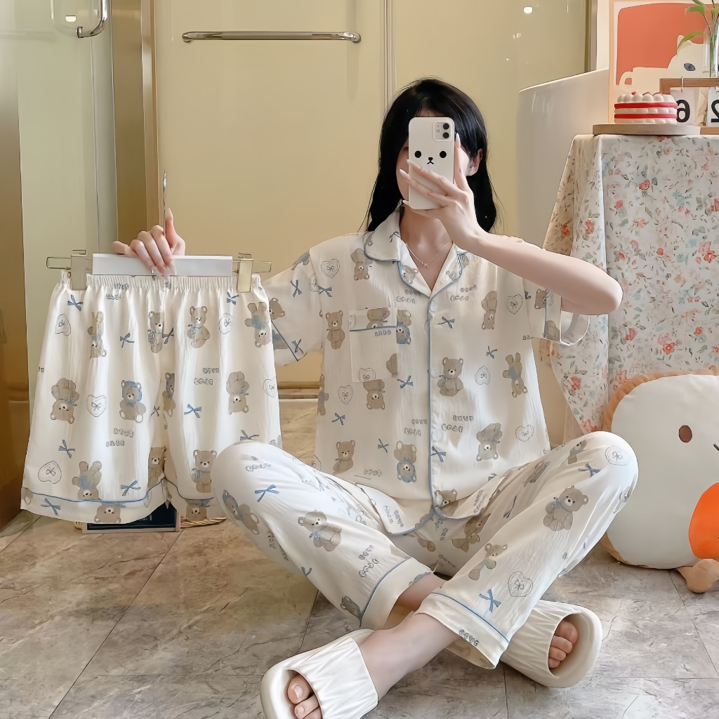 PAJAMAS HOMEWEAR ชุดนอนเซ็ต 3 ชิ้น ขายาว ชุดนอนเกาหลีผู้หญิง ชุดนอนขายาว🌹  W093 - รูปที่ 2