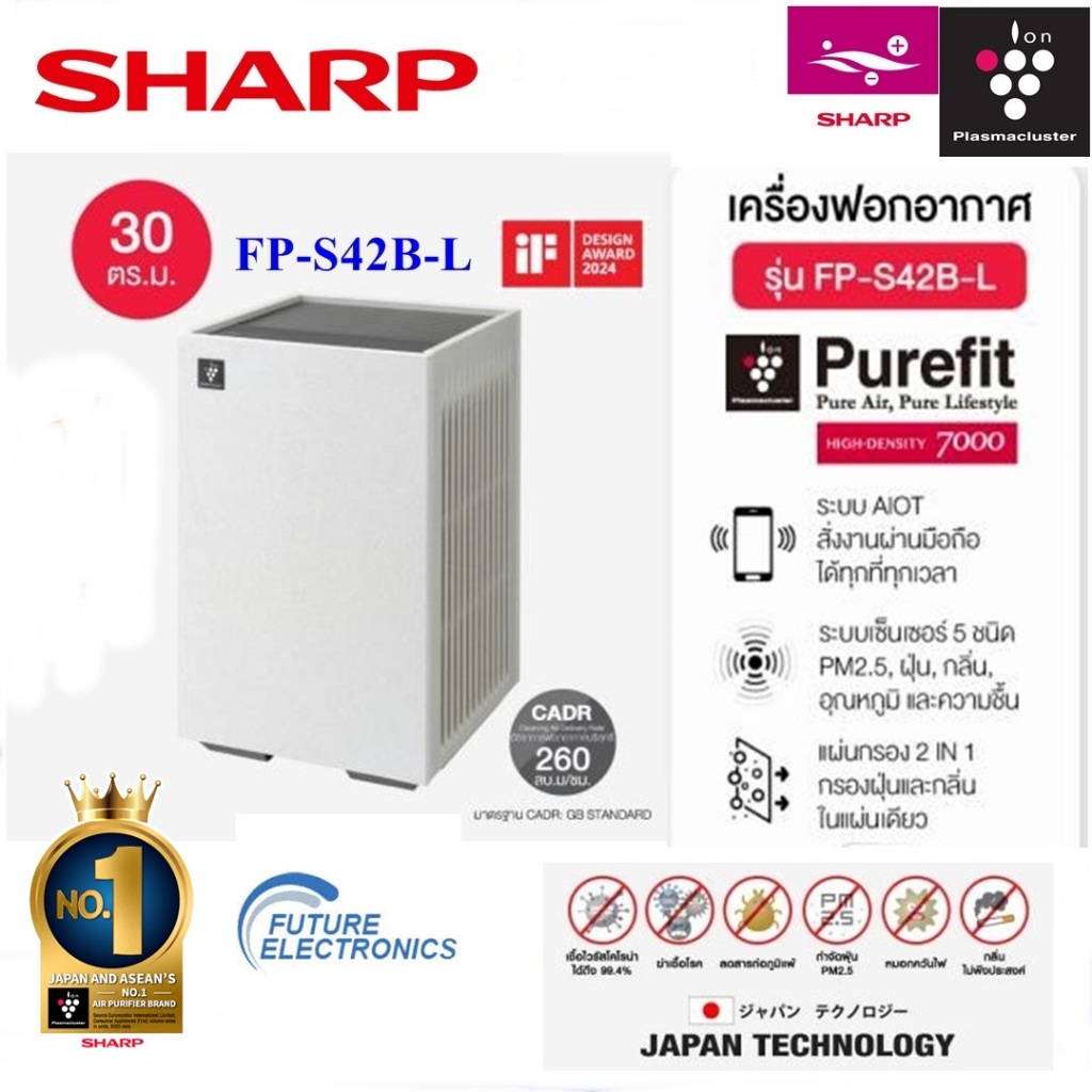SHARP เครื่องฟอกอากาศ  รุ่น FP-S42B-L สีเทาอ่อน สั่งงานผ่านแอป พลาสม่าคลัสเตอร์ ขนาด 30 ตร.ม