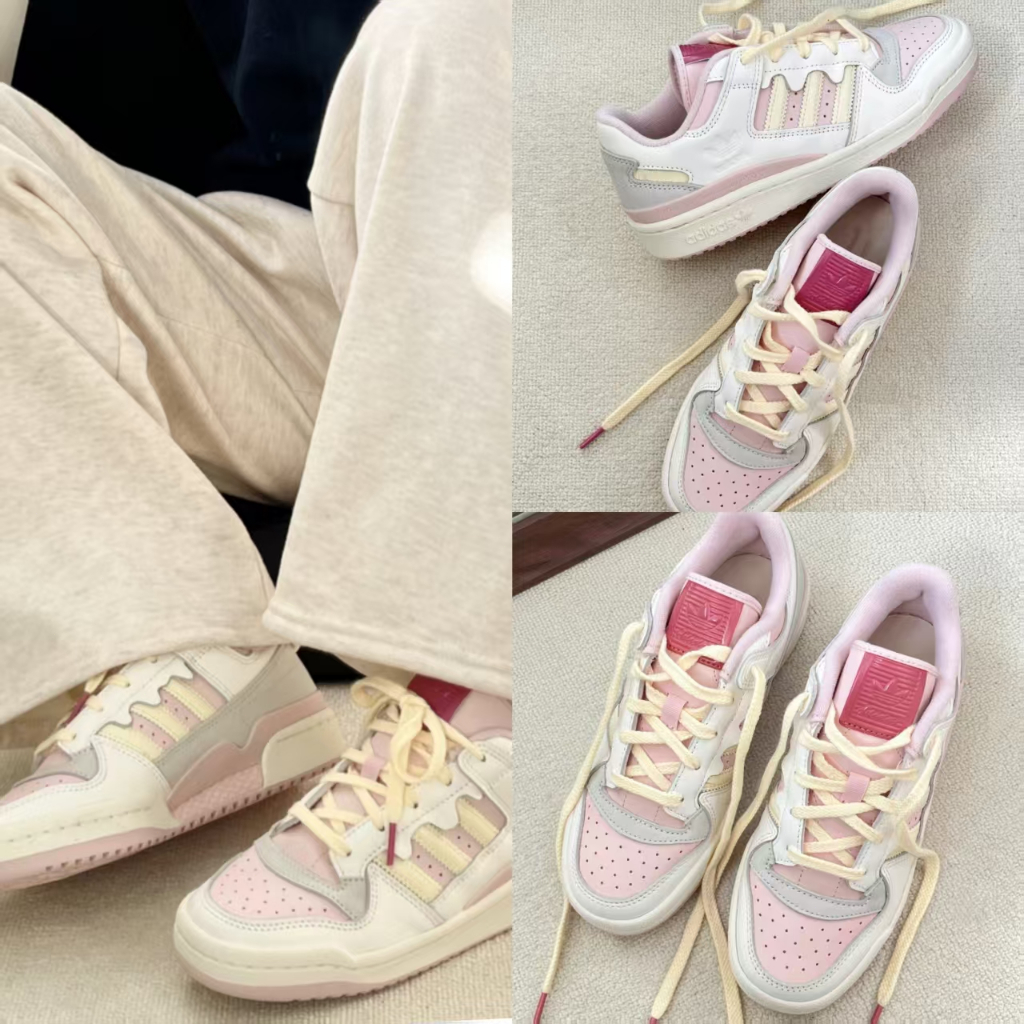 Adidas Originals FORUM Anti Slip Wear Resistant Low Top Skateboard Shoes Unisex Pink Whiteรองเท้าสเก