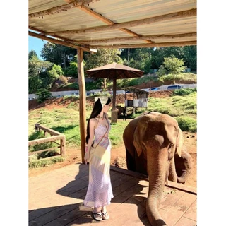 ส่งทันที Cici(NO. Y6283) เดรสยาวสายเดี่ยวพิมพ์ลวดลายตาราง จั้มอก สายปรับได้ ซิปข้างเก็บหุ่นเข้ารูป แต่งปลายเฉียง