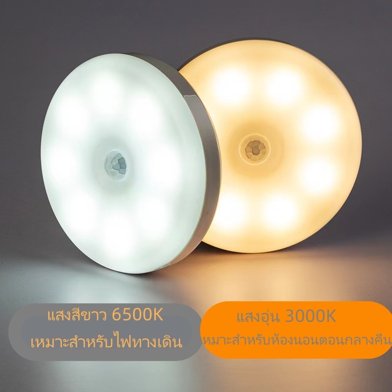 ไฟกลางคืนอัจฉริยะ LED สำหรับร่างกายมนุษย์ ไฟกลางคืนสองสีทรงกลมสำหรับห้องนอน ห้องครัว ตู้เสื้อผ้า ไฟเซ็นเซอร์