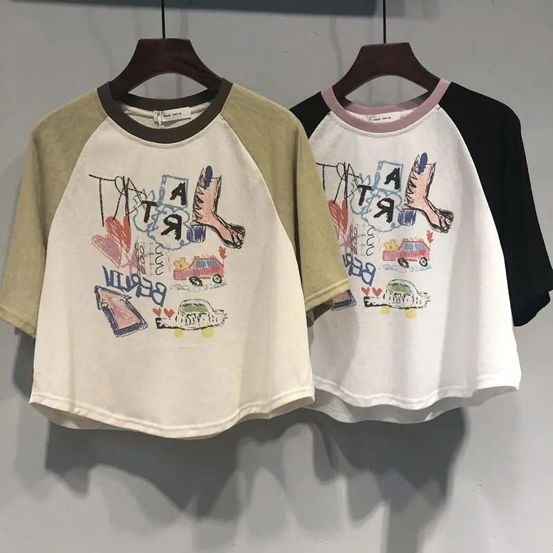 เสื้อครอปสาวอวบน่ารักๆ oversize เสื้อผ้าคนอ้วนไซส์ใหญ่ เสื้อยืดแขนสั้นแบบหลวมผู้หญิงแฟชั่นฤดูร้อน สกรีนลายวินเทจ ลำลอง – โปรปัง