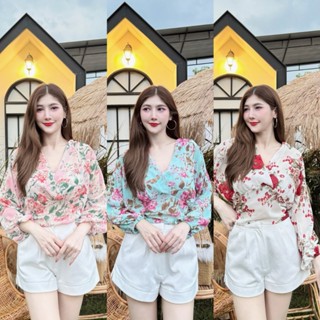 ( เฉพาะเสื้อ ) เสื้อผ้าซีฟองพิมพ์ ลายดอก แขนยาวอกไขว้ สม็อคห…