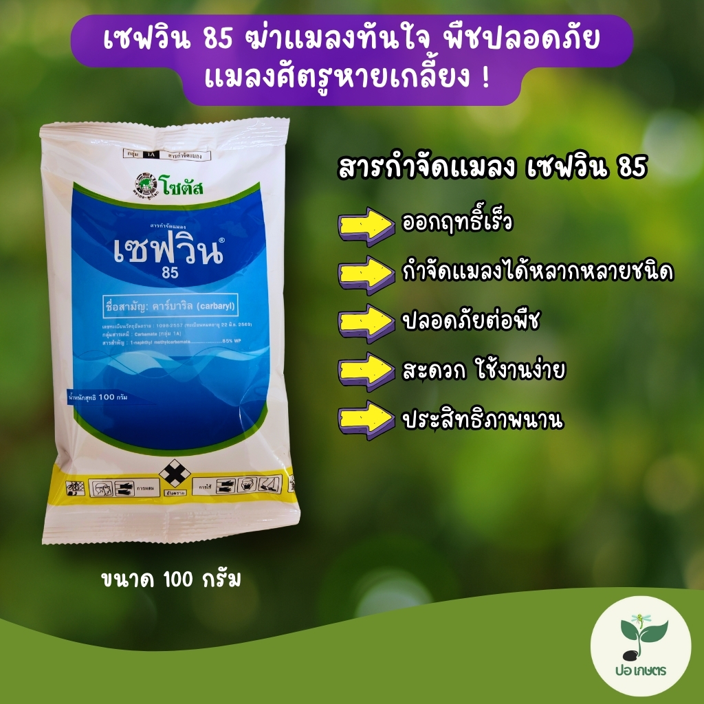 เซฟวิน 85 (100 กรัม) [คาร์บาริล] ตราธง-ลูกโลก โซตัส ฆ่าแมลงเร็ว กว้างขวาง ใช้ง่าย เห็นผลทันใจ