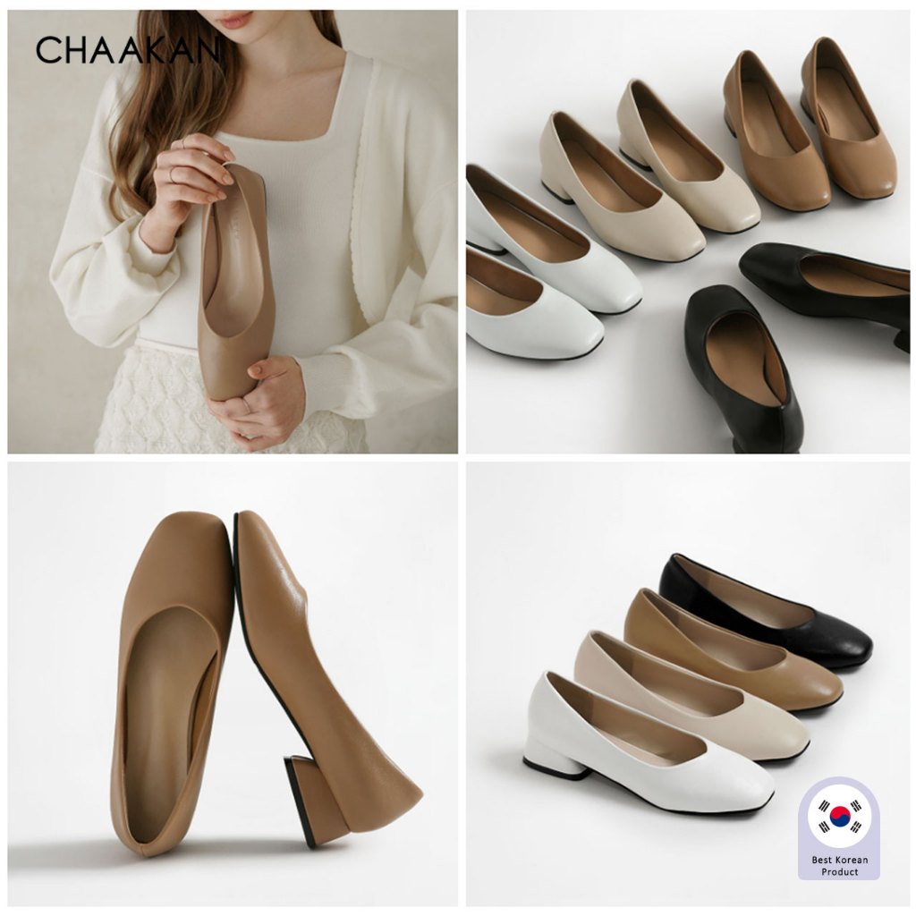CHAAKAN  [สินค้าจากเกาหลี 100%] Again Square Pumps รองเท้าคัชชู หนังนุ่ม ส้นเตี้ย ใส่ทำงาน ใส่สบาย พื้นนิ่ม เกาหลี