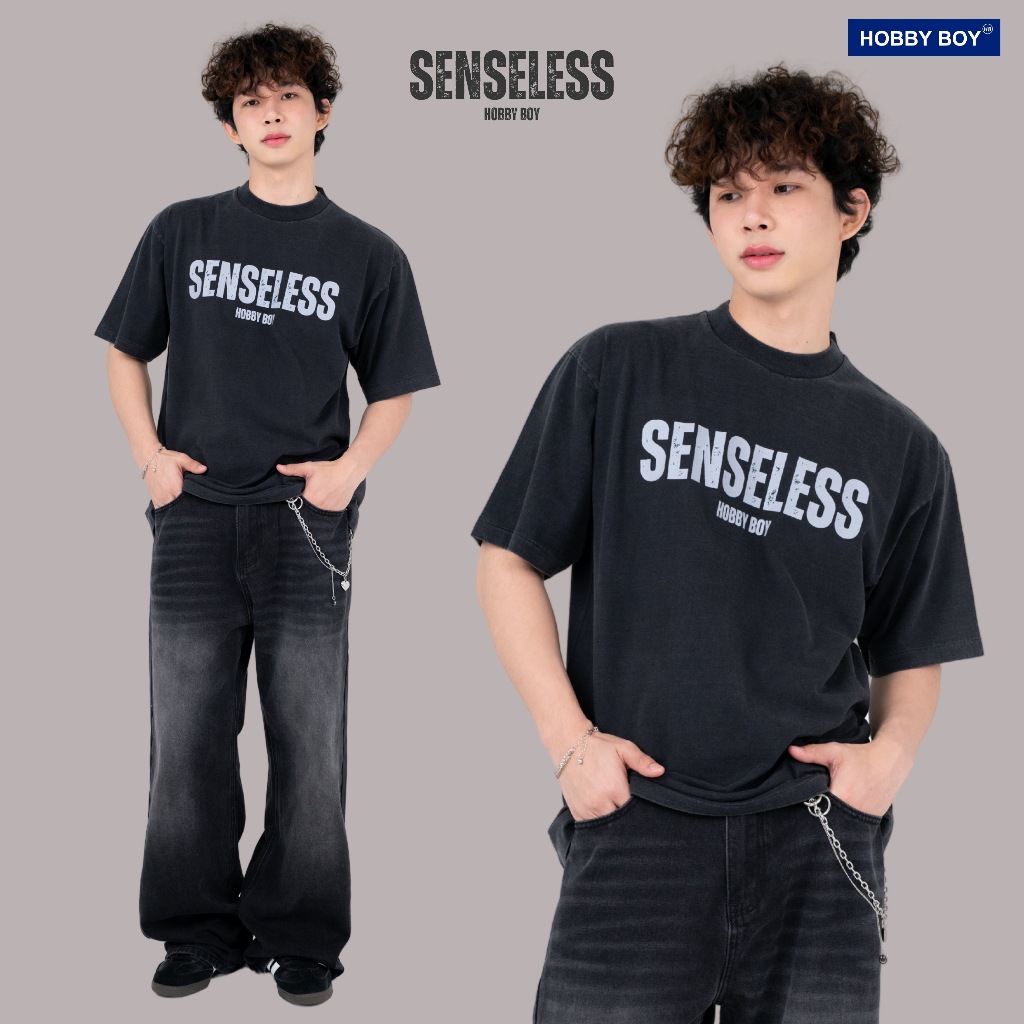 HOBBY BOY - SENSELESS เสื้อยืดคอฟิต สีดำเฟด