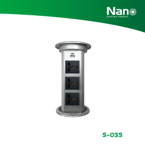 NANO เต้ารับฝังโต๊ะอัจฉริยะ (NEW) 3 เต้ารับ + USB Type A + C + ระบบชาร์จไฟไร้สาย (1 ชิ้น/กล่อง) รุ่น S-03