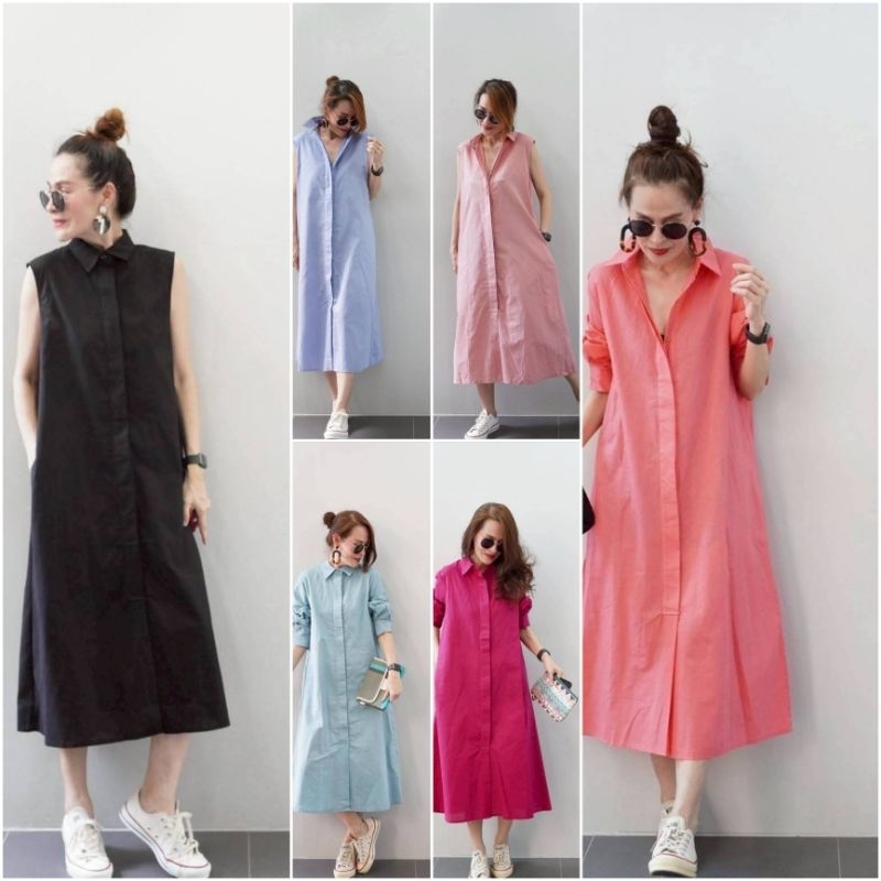 📌ชุดเดรสผ้าลินินทรงเชิ้ตตัวยาว แขนกุด/แขนยาว มีกระดุมหน้า มีกระเป๋าด้านข้าง ทรงสวย ขนาดฟรีไซส์ อก46“เอว:48”