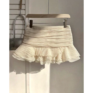 กระโปรงสั้น จับจีบ ฉัตรเลเยอร์ ผู้หญิงสีทึบ ผ้าไหมทอ Multi-Layered Ruffle Hem กระโปรงสั้นมินิ สวยตรงปก