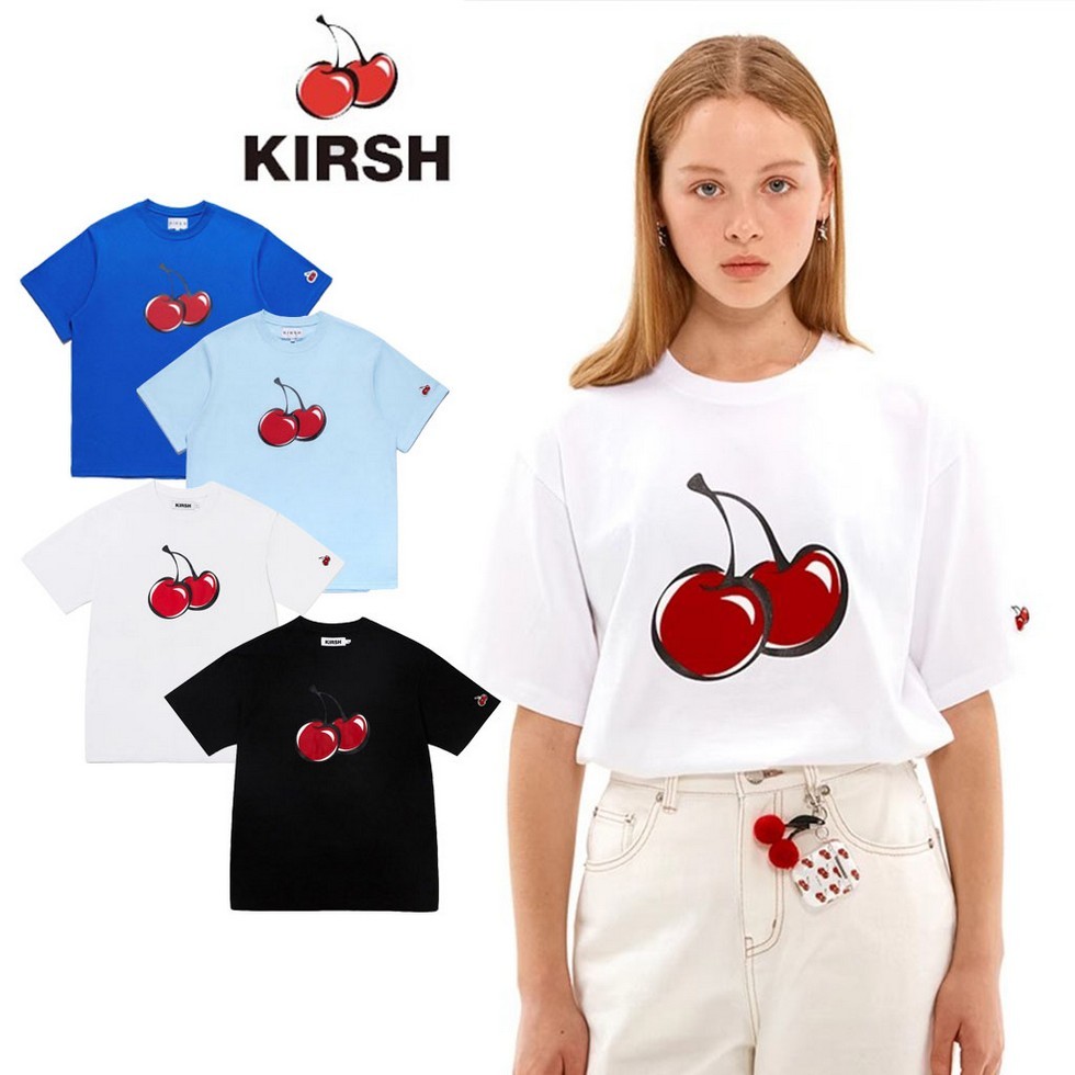 KIRSH BIG CHERRY TOP T Shirt Ringer Tee Crewneck ผู้หญิง เสื้อยืด สไตล์เกาหลี แฟชั่น สีดำ ขาว ทาผิวข