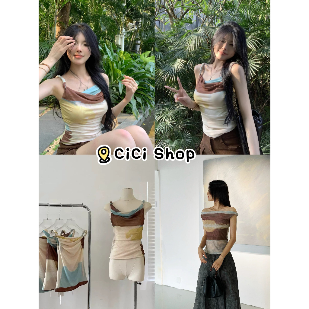 Cicishop(H8868) เสื้อซีทรูปาดไหล่ พิมพ์ลายมัดย้อม ผ้ายืด สไตล์วินเทจ