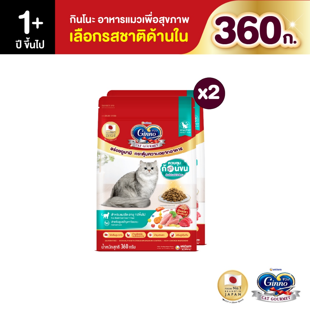 [ใหม่! เลือกรสชาติได้] Ginno Dry Health กินโนะ อาหารเม็ดแมวสูตรสุขภาพ 360g. (2 แพ็ค)
