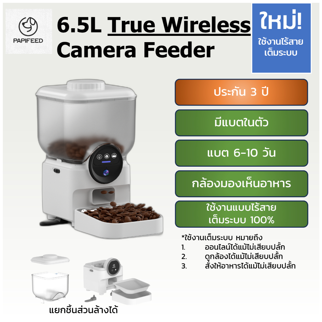 6.5L Papifeed True Wireless Feeder เครื่องให้อาหารไร้สายเต็มระบบ รุ่นมีกล้อง ประกัน 3 ปี ที่ให้อาหารอัตโนมัต มีกล้อง