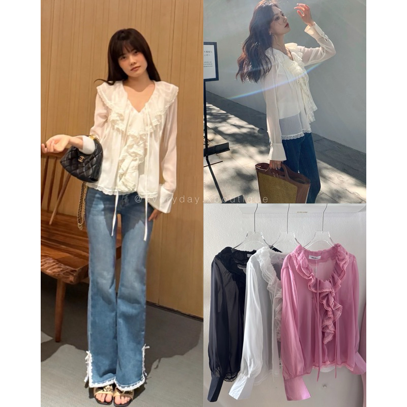 งานนำเข้า พร้อมส่ง !!!! เสื้อระบายคองานสวยผ้าชีฟองพรีเมี่ยม เเขนยาว mo.studio