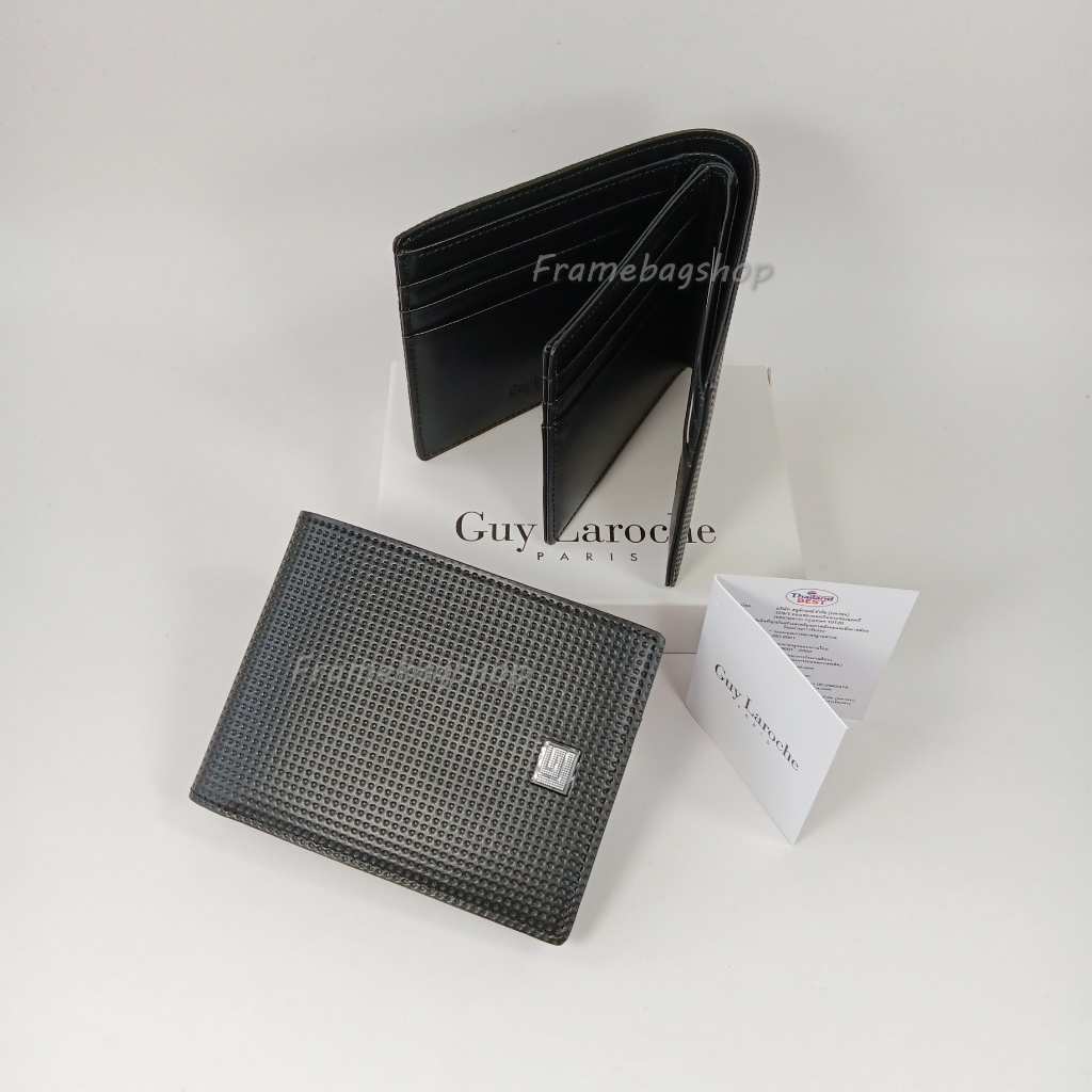 Guy Laroche กระเป๋าสตางค์ผู้ชายใบสั้น มีลิ้นกลาง สีดำ หนังอัดลายจุด โลโก้GLจุดเงินพื้นดำ