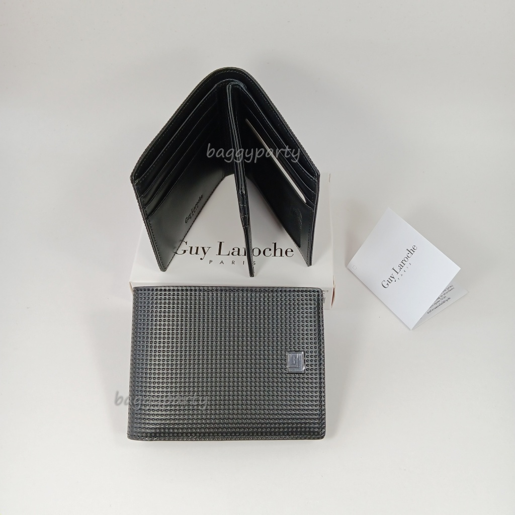 Guy Laroche แท้!!กระเป๋าสตางค์ผู้ชายพับสั้น มีลิ้นกลาง สีดำ หนังอัดลายจุด โลโก้GLจุดเงินพื้นดำ