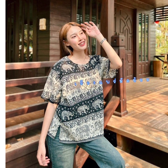 เสื้อคอกลมลายช้าง แขนสั้น ผ้าแมมเบิร์ต ใส่สบาย ไม่ร้อน งานไทย 100%