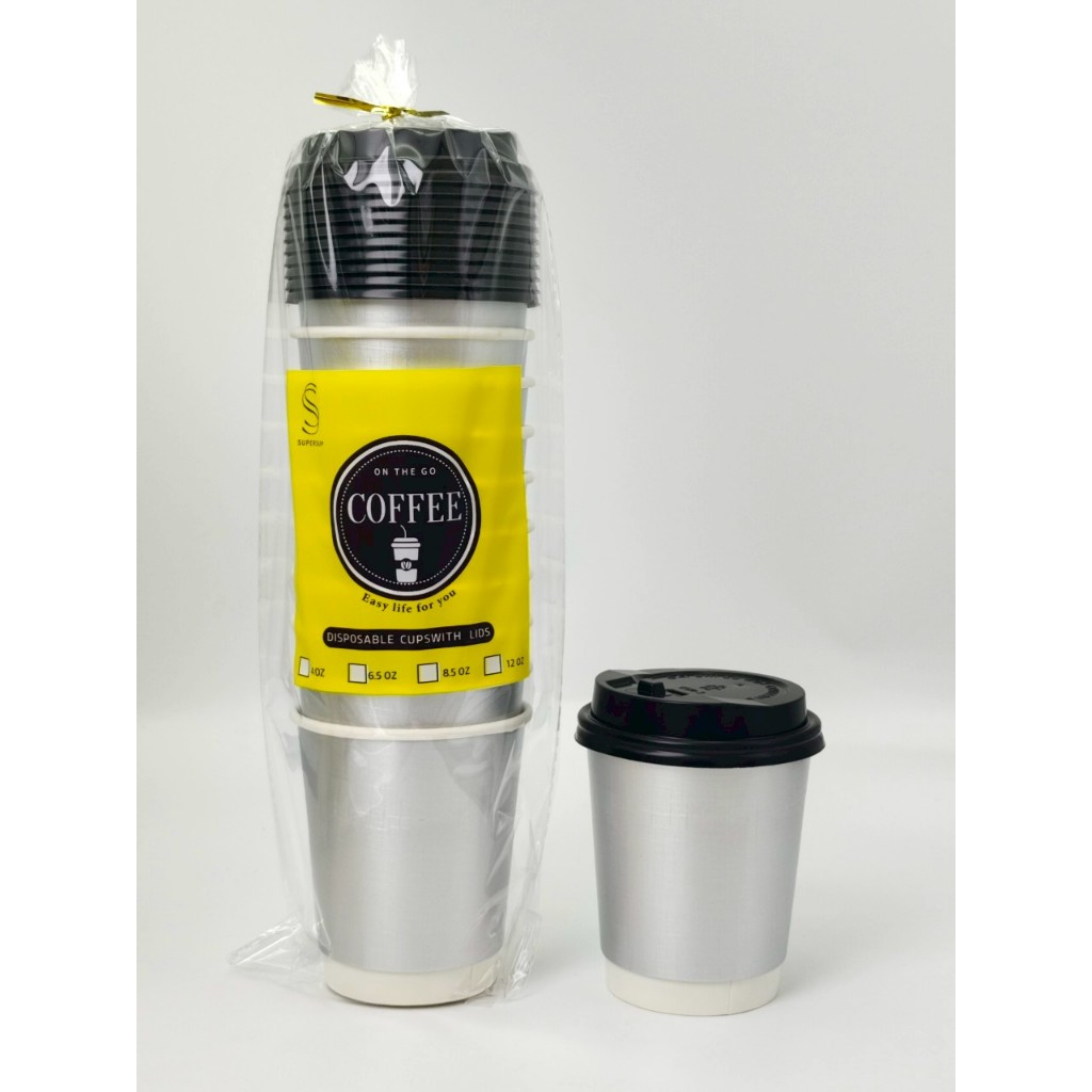 แก้วน้ำกระดาษพร้อมฝา8ออนซ์ (10ชุด/แพ็ค) DoubleWall 2ชั้น สีเงิน ทนไม่ร้อนมือ แก้วกาแฟ แก้วใช้แล้วทิ้ง - รูปที่ 3